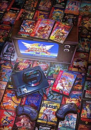 圍繞著顯示《超音鼠 2》的 CRT 電視的復古 Sega Genesis 主機和遊戲。