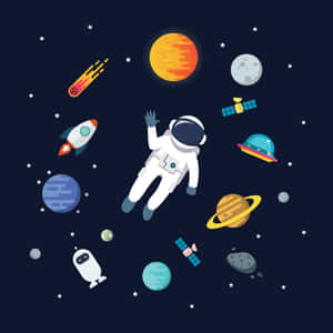 太空人在太空中漂浮，周圍環繞著行星、火箭和星星。