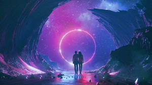 兩個人站在一個被外星岩石 formations 包圍的宇宙隧道中，面向一個發光的環。 — 唯美月亮動圖 壁紙