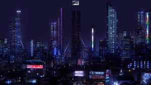 未來城市夜景，閃爍的摩天大樓和霓虹燈光。