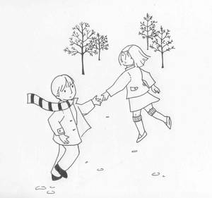 兩個孩子在光禿樹木的雪地裡手牽手跳躍。