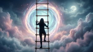 在夜空中有月亮，人物攀爬梯子朝向發光的宇宙傳送門。