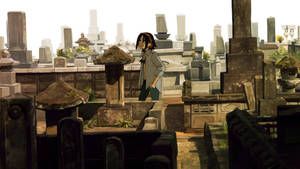 動畫女孩在寧靜的墓地中走在石墓之間。 — 武士Champloo 壁紙