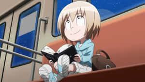 動漫女孩晚上在火車上看書，窗外可見星星