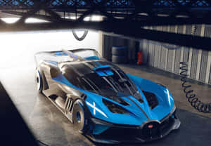未來主義的藍黑 Bugatti 概念車，位於高科技車庫。