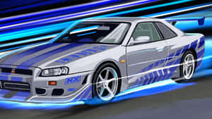 銀色日產Skyline GT-R帶藍色賽車條紋，動態模糊中疾馳。