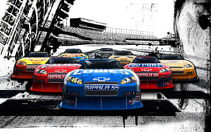 NASCAR賽車在賽道上飛馳，帶有醒目的贊助商標誌和頹廢效果。
