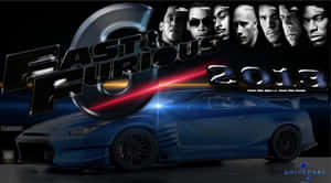 藍色跑車，帶有Furious 7演員和標題文字，在黑暗的電影場景中。