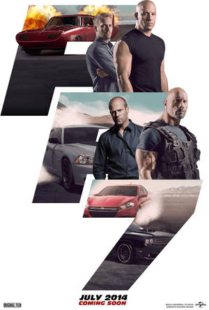 《狂野時速7》電影海報， featuring Vin Diesel、Paul Walker 和 Dwayne Johnson 與賽車。