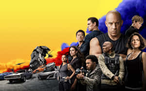 Furious 7 演員陣容與汽車和爆炸，背景為黃藍色。