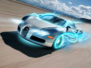 銀色Bugatti超級跑車在沙漠中疾馳，帶有藍色能量效果