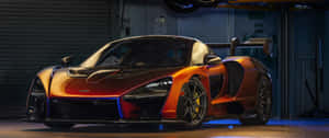 橙色McLaren Senna跑車在帶藍色燈光的車庫中。