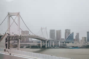 多雲天氣下，彩虹橋橫跨河流，背景為城市天際線 — 彩虹 壁紙