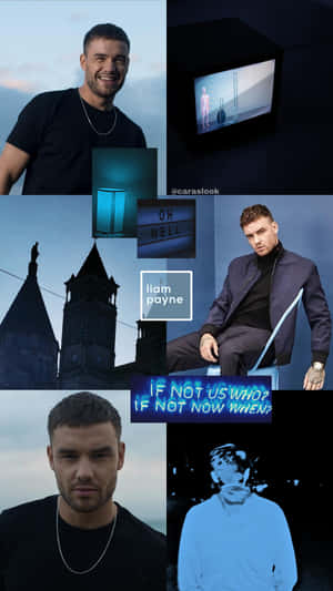 Liam Payne 拼貼畫，帶有霓虹燈招牌和黑暗城市場景。