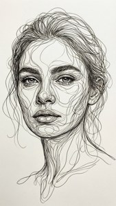 一幅黑白線條畫，描繪一位女性面孔，擁有細緻的眼睛和飄逸的頭髮。