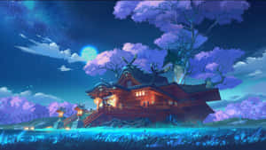 在滿月和紫色花朵下，星空之夜中閃耀的日本神社。