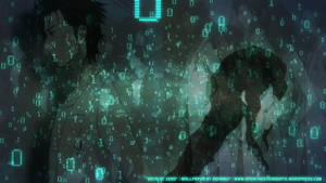 兩個動漫人物被數碼世界中漂浮的二進制數字包圍。