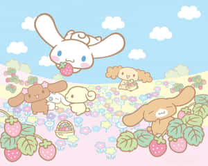 Cinnamoroll 和朋友們在色彩繽紛的田野中採摘草莓。
