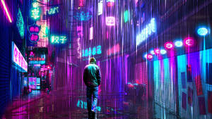 夜晚，一個人在霓虹燈閃爍的雨巷中行走