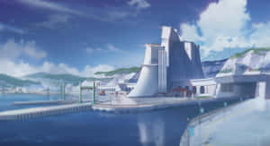 未來主義的白色建築物在水邊，藍天白雲下。