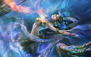 一位身穿金色盔甲的奇幻女戰士在宇宙風暴中與一條火龍戰鬥。
