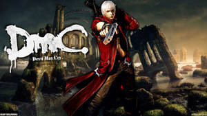 Devil May Cry 主角身穿紅色外套，在毀壞的哥德式場景中向觀眾瞄準槍支。