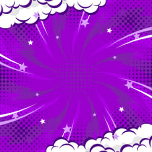 紫色漫畫爆炸，帶有網點風格的星星和雲朵。