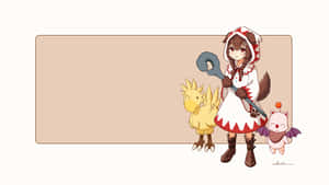 動漫女孩拿著扳手和兩個小生物站在一起。