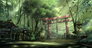 霧林中的日本神社紅色鳥居