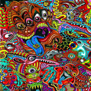 充滿怪獸和發光眼睛的鮮豔超現實藝術作品。