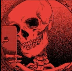骷髏在紅色單色風格中拿著手機自拍 — 藝術 壁紙