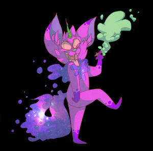 一隻紫色卡通狐狸，有綠色角和銀河尾巴，跳舞時呼出綠色煙霧。