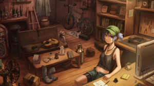 戴綠色帽子的動漫女孩坐在鄉村風格工作室的雜亂木桌旁，周圍有工具、書籍和自行車。 — 睡房 壁紙