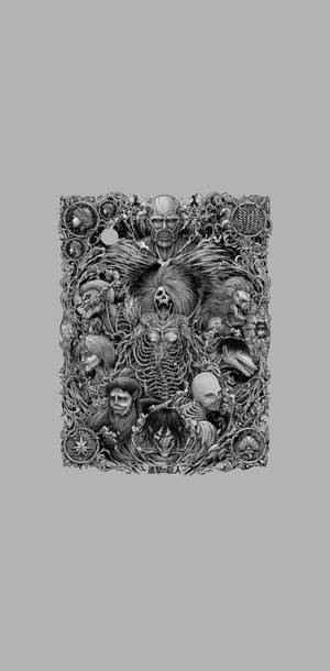 動漫風格插圖，描繪一個被怪誕角色包圍的骷髏巨人。