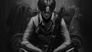 動漫士兵坐在椅子上手持步槍的單色風格