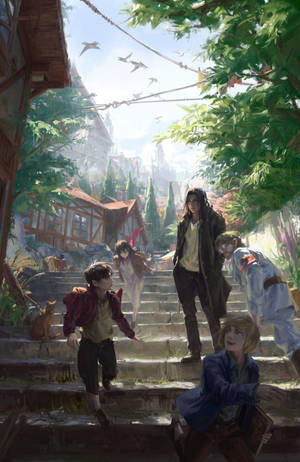 孩子們和一隻貓在充滿活力的綠色村莊中攀爬石階，鳥兒在頭頂飛翔。