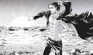 動漫男人披著斗篷在山區伸手觸摸太陽。