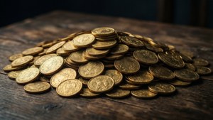 木桌上的一堆金幣