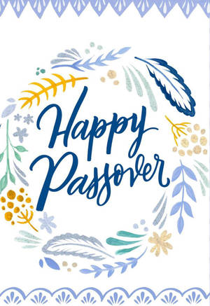 Happy Passover 問候卡，帶有藍色文字和花卉羽毛裝飾。 — 中性 壁紙