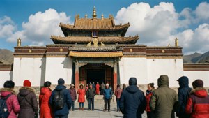 一群遊客站在一座大型西藏寺廟前，寺廟有金色的屋頂細節。