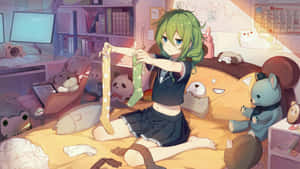 綠色頭髮的動漫女孩穿著校服，在放有毛絨玩具的床上拿著襪子。