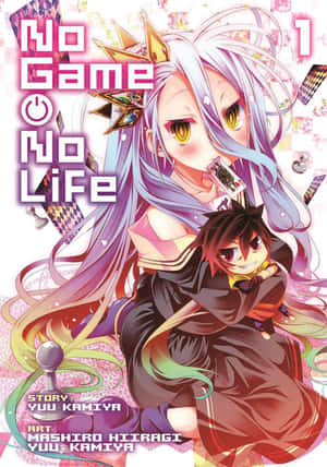 來自《No Game No Life》的動畫角色手持遊戲卡和一個發光的獎盃。