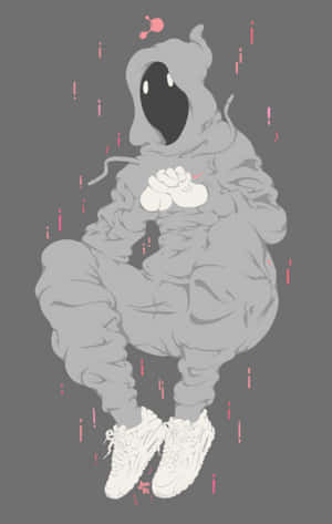一個穿著連帽衫和運動鞋的幽靈般的身影在粉紅色的雨中漂浮。