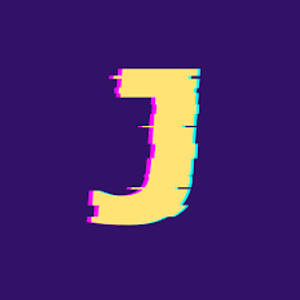 紫色背景上黃色字母J的故障效果。