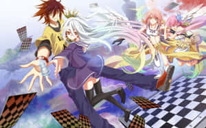 動漫角色在浮動棋盤上進行空中戰鬥，棋子飛舞。 — 遊戲人生 GIF 壁紙