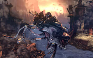 戰士騎著一隻怪獸穿過日落時分廢墟般的未來城市。 — Xbox GIF 壁紙