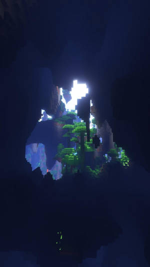 像素化 Minecraft 洞穴入口通往發光叢林