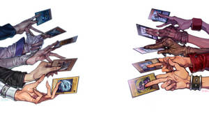 兩組插圖手拿著遊戲王卡牌，彼此面對面。