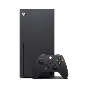 白色背景上的黑色 Xbox Series X 主機和控制器。