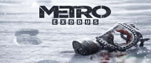 雪中沾滿血跡的防毒面具，上方有遊戲標題《Metro Exodus》。 — 地鐵：離去 壁紙